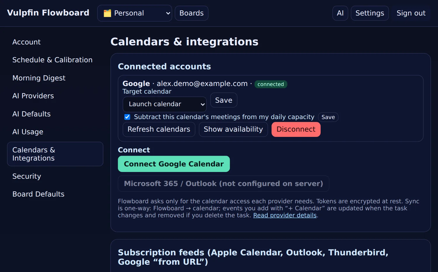 The Calendars and integrations page with a connected account and a target calendar selector.